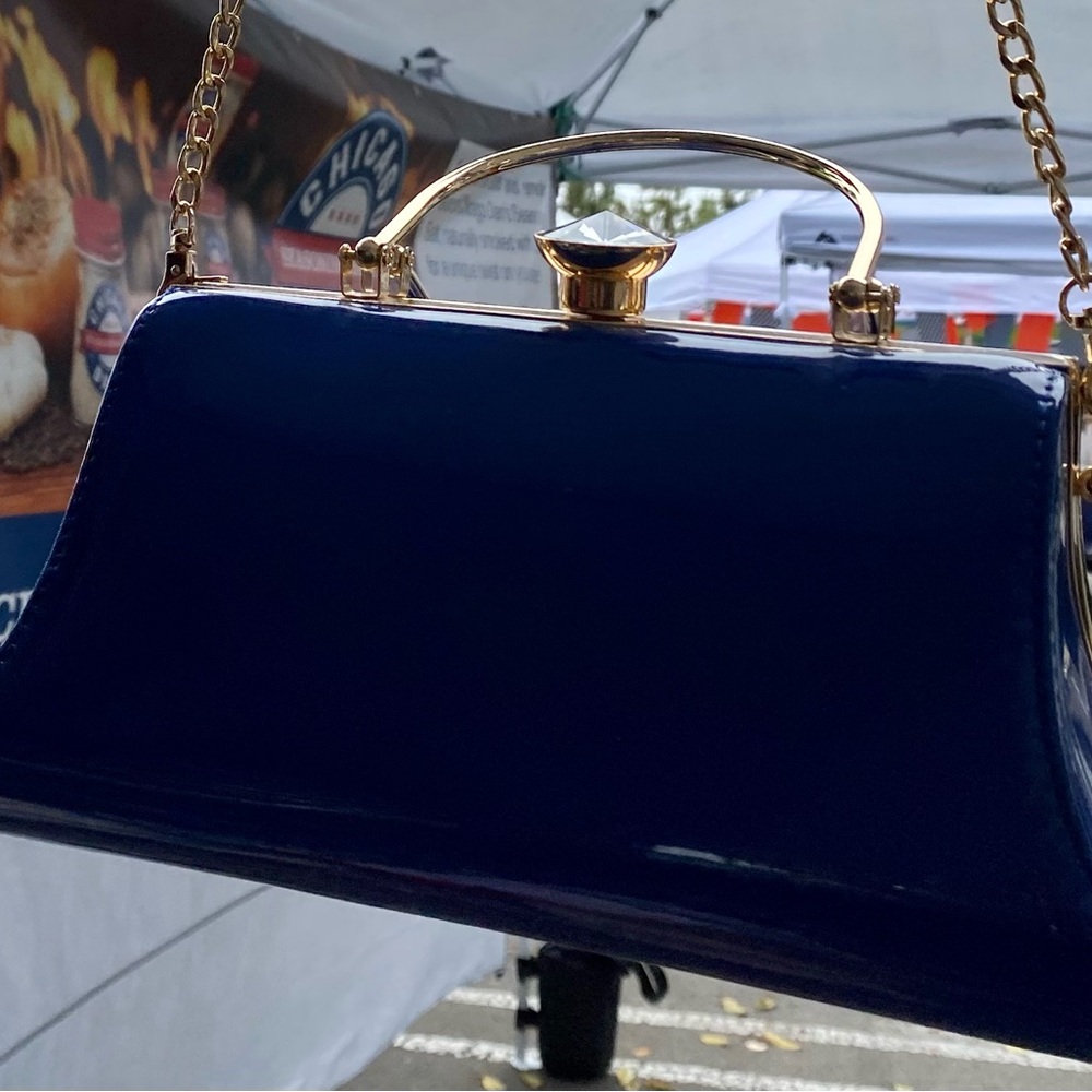 Chic diamond clasp Navy Clutch with Gold Chain